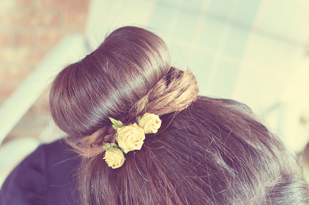 sock bun DIY hair tutorial - decorative rose pins plus braid