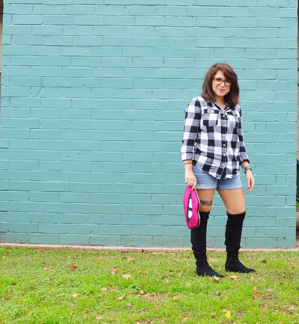 Over-the-knee boots, denim shorts, flannel. Comfy, cute.